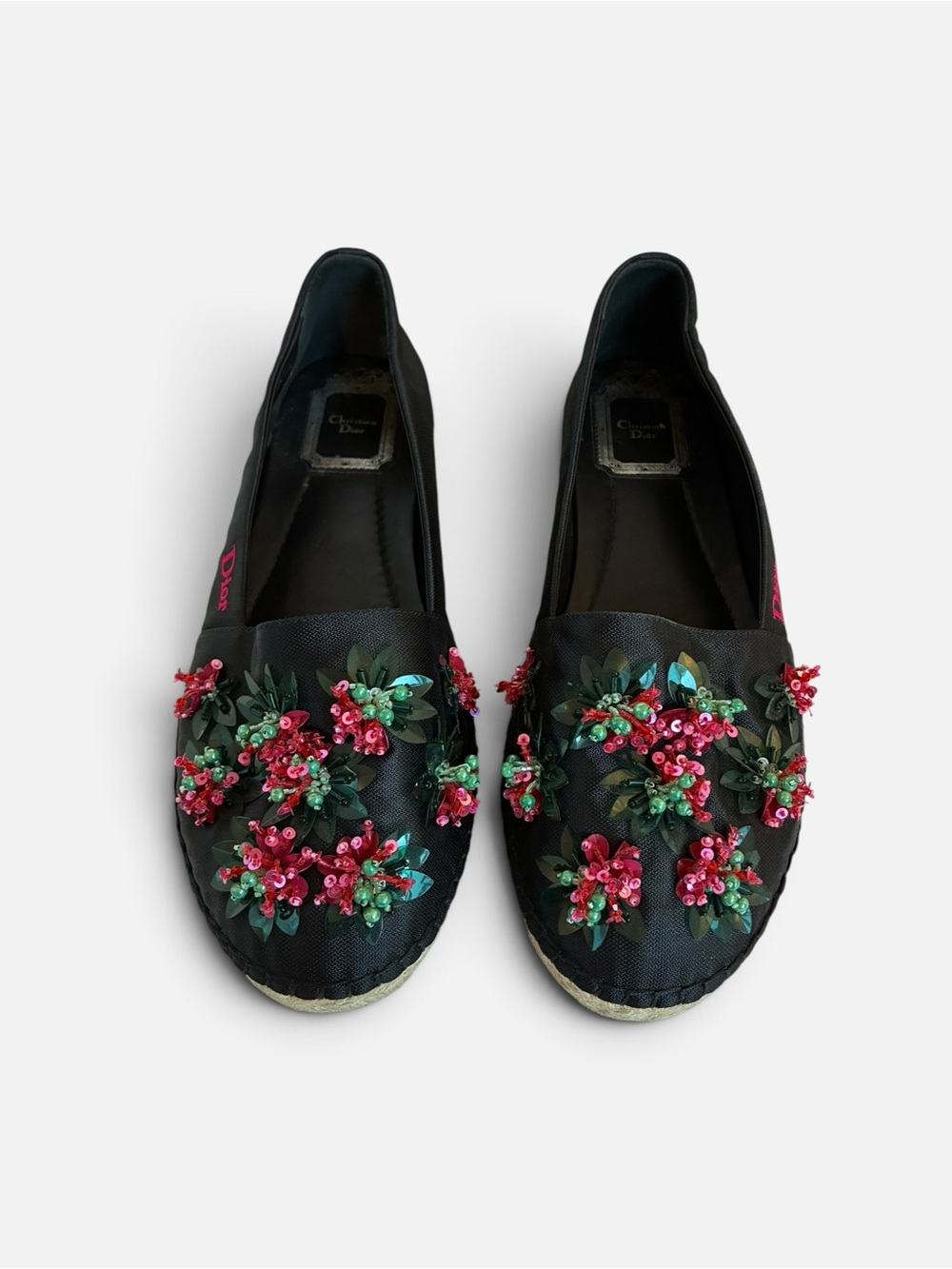 Dior Black Espadrilles with Pink & Green Sequin Floral Embellishments